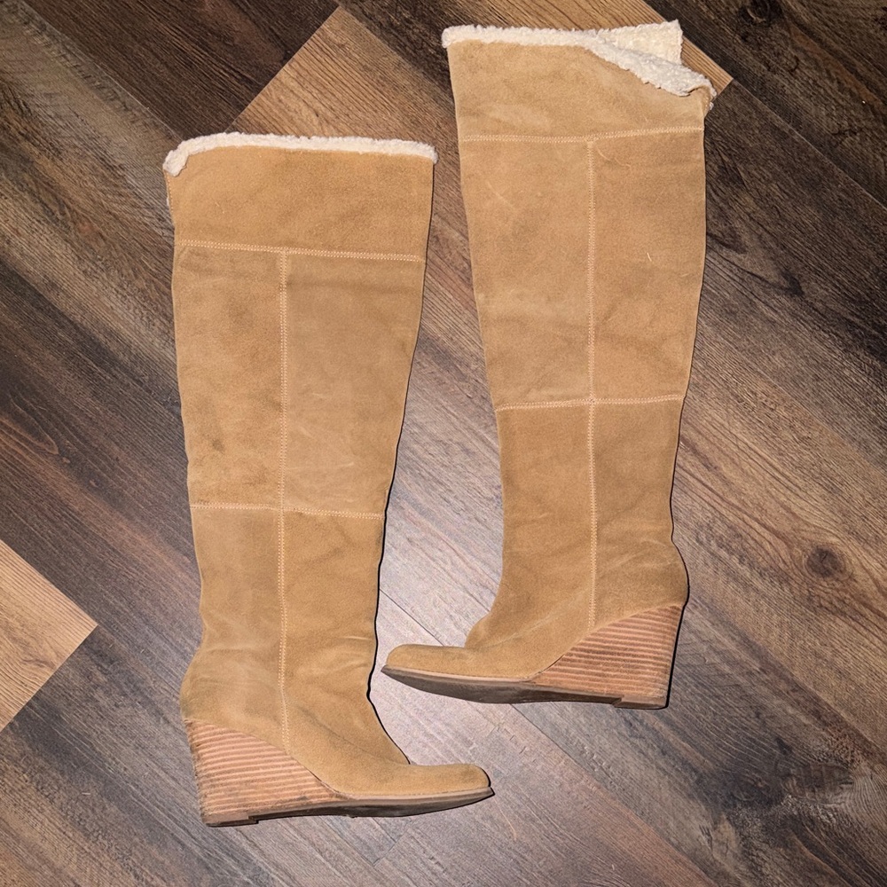 Knee-High Suede Wedge Boots in Tan